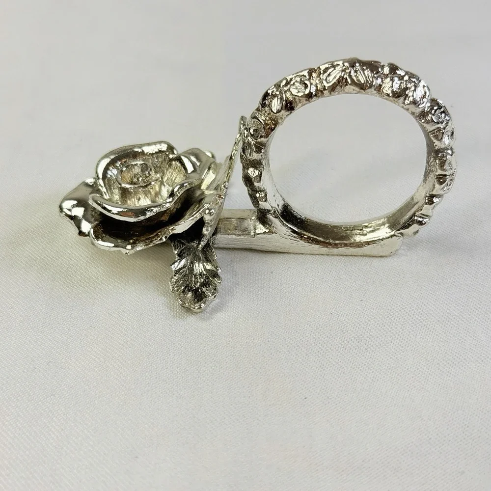 Vintage Silver Tone Rose Metal Holders Napkin Rings Set of 12 Floral Table Decor